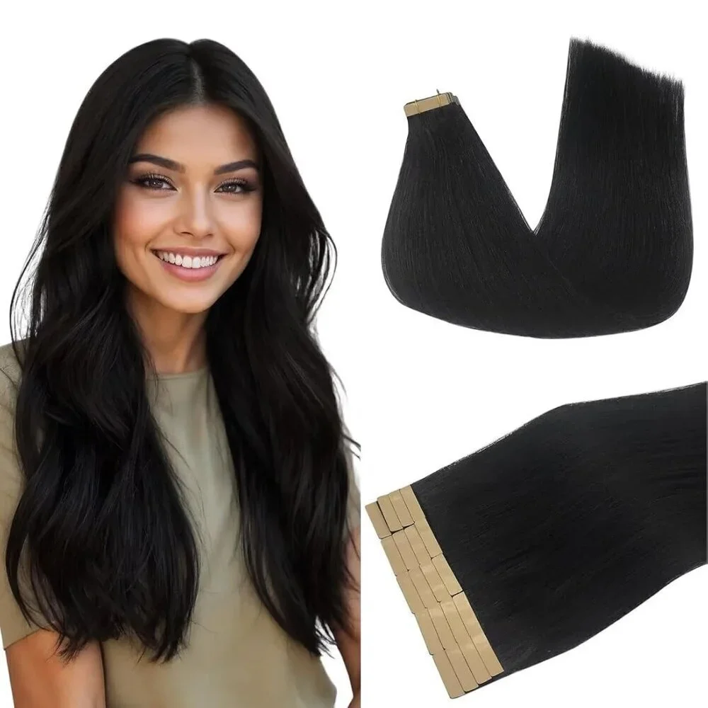 Human Hair Extensions, Jet Black 20 Inch 50g 20pcs, Tape in Hair Extensions Skin